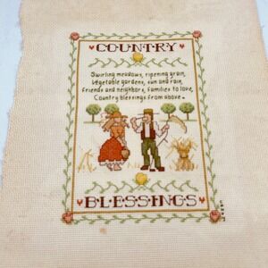 Vintage Country Blessings Cross Stitch Sampler Folk Art Rural Couple Dog